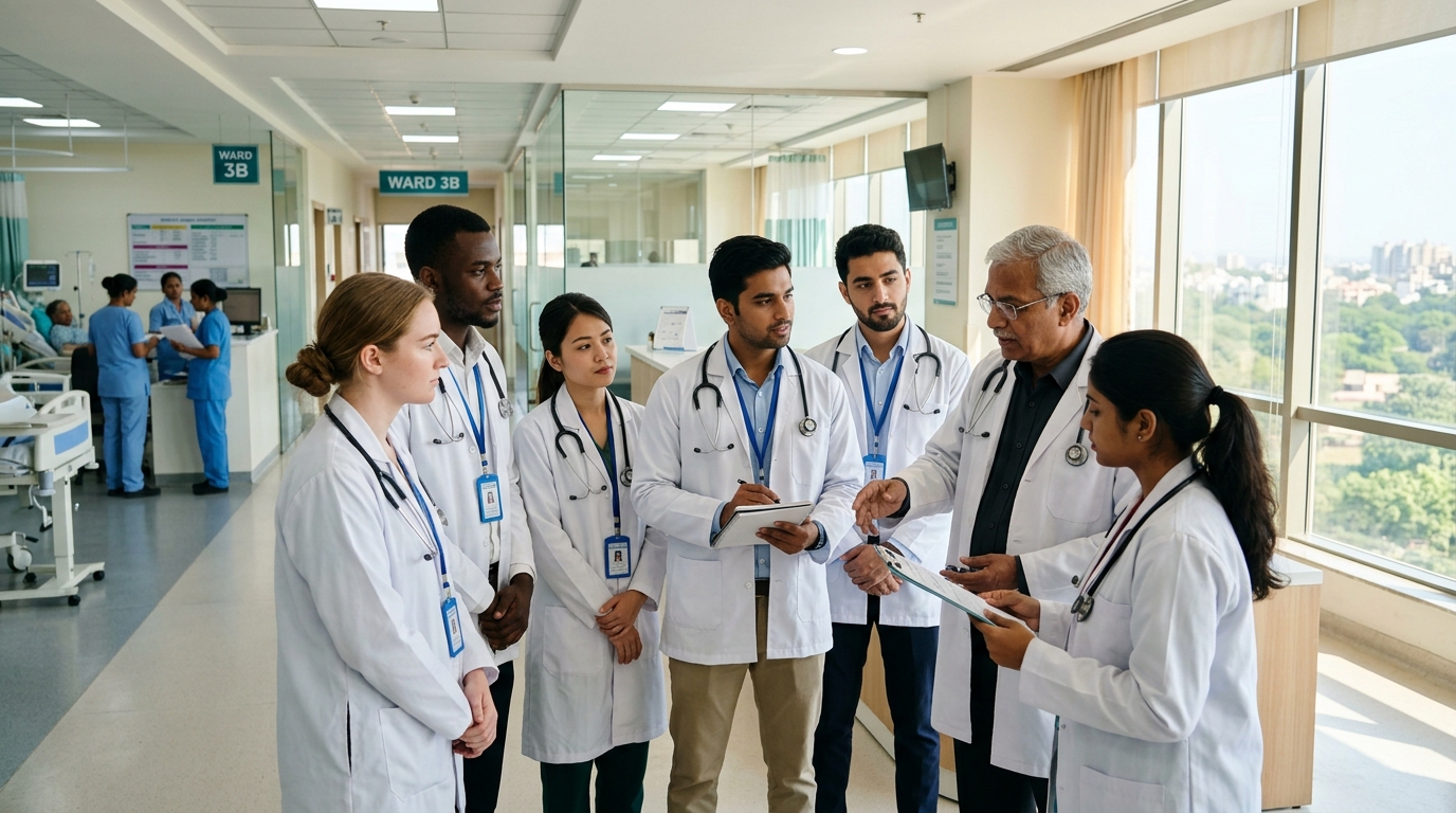 Indian medical students in university hospital clinical rounds