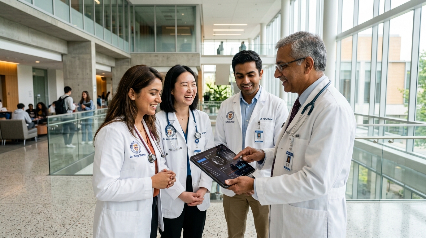 Medical students and doctor professor discussing case on digital tablet