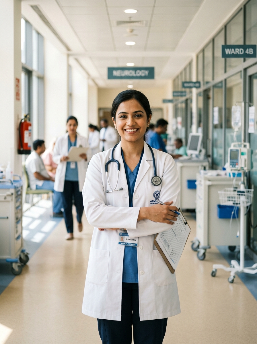 Indian student doctor in university hospital rounds